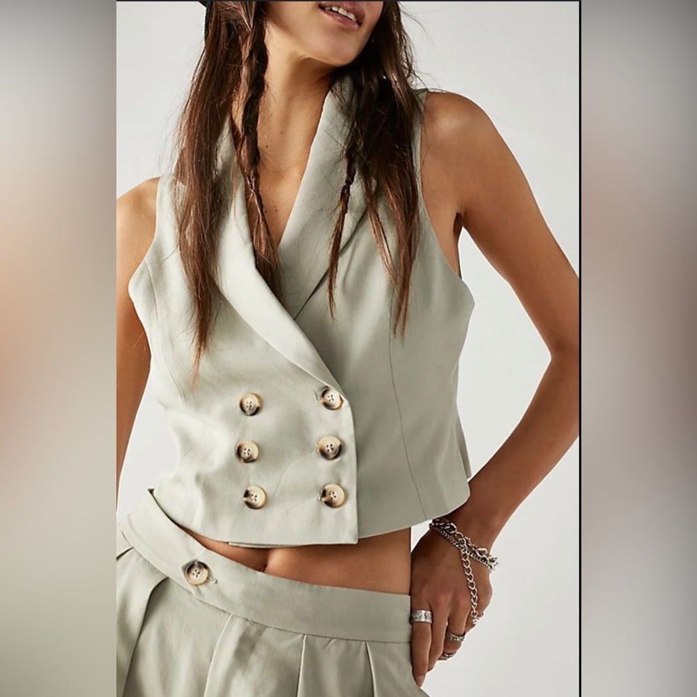 Free People Light Sage Double-Breasted Cropped Suit Vest & Pants